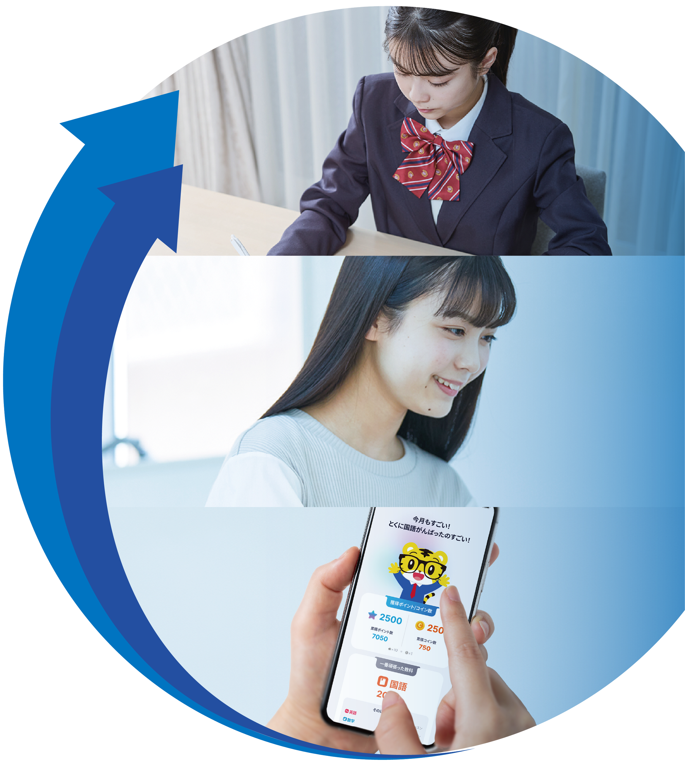 学習する中学生、笑顔の中学生、ポイントが貯まるデジタル教材アプリの3カット